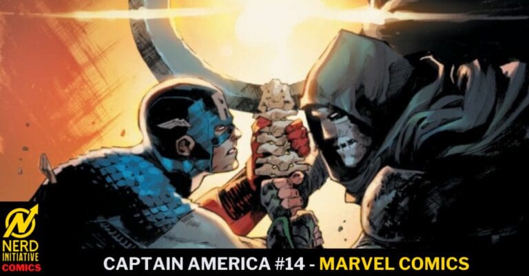 Two superheroes, Captain America and a dark-clad foe, grip a sword-like weapon in a tense face-off on a comic cover.