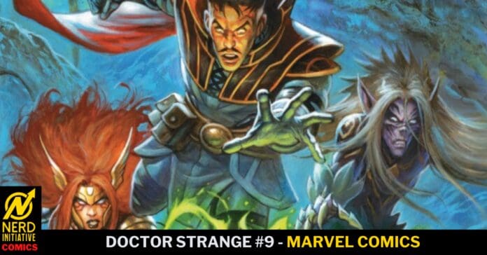 Comic book cover: Doctor Strange #9 in center casting green magic, flanked by two allies; Nerd Initiative Comics logo bottom left.