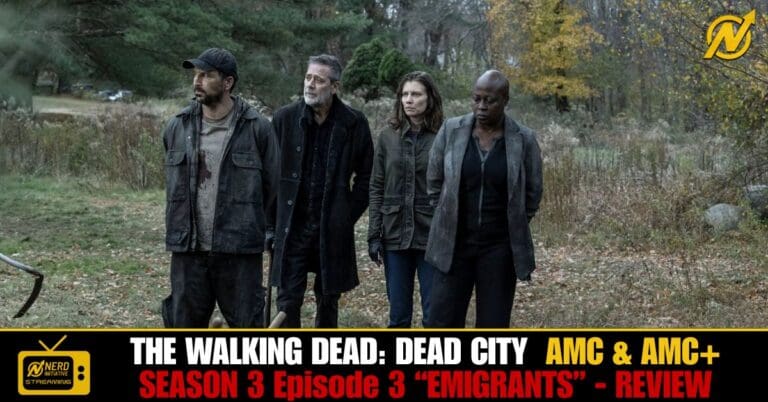 Four survivors stand in a field, looking off to the left, with a Walking Dead: Dead City season 3 thumbnail and a review banner across the bottom.