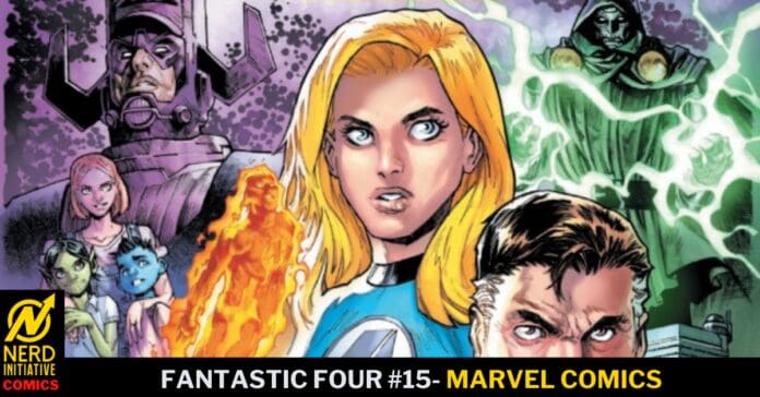 Comic book cover featuring the Fantastic Four: central blonde woman with blue suit, man with brown hair, fiery figure, and green-lit villains in the background; Nerd Initiative Comics logo bottom left.