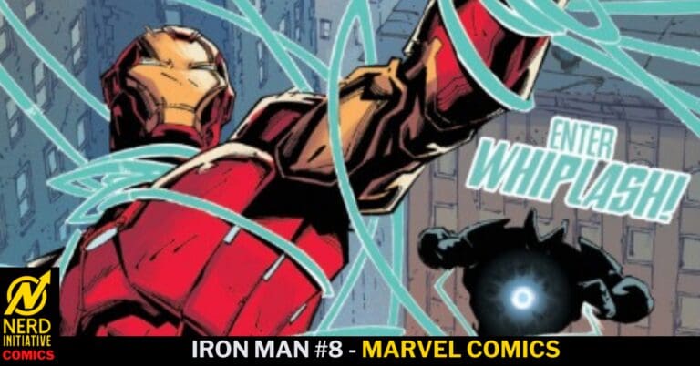 Dynamic Iron Man panel: Iron Man reaches forward amid teal energy lines as a glowing black orb charges toward him, with city buildings in the background.