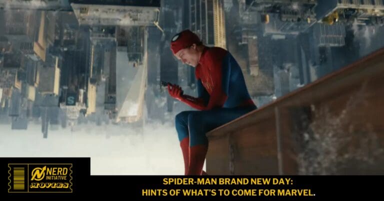 Spider-Man in red-and-blue suit sits on a rooftop edge, staring at a phone with a city skyline below (image appears upside down).
