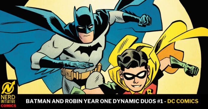 Comic cover showing Batman and Robin charging forward, cape flying, with DC Comics branding at the bottom.