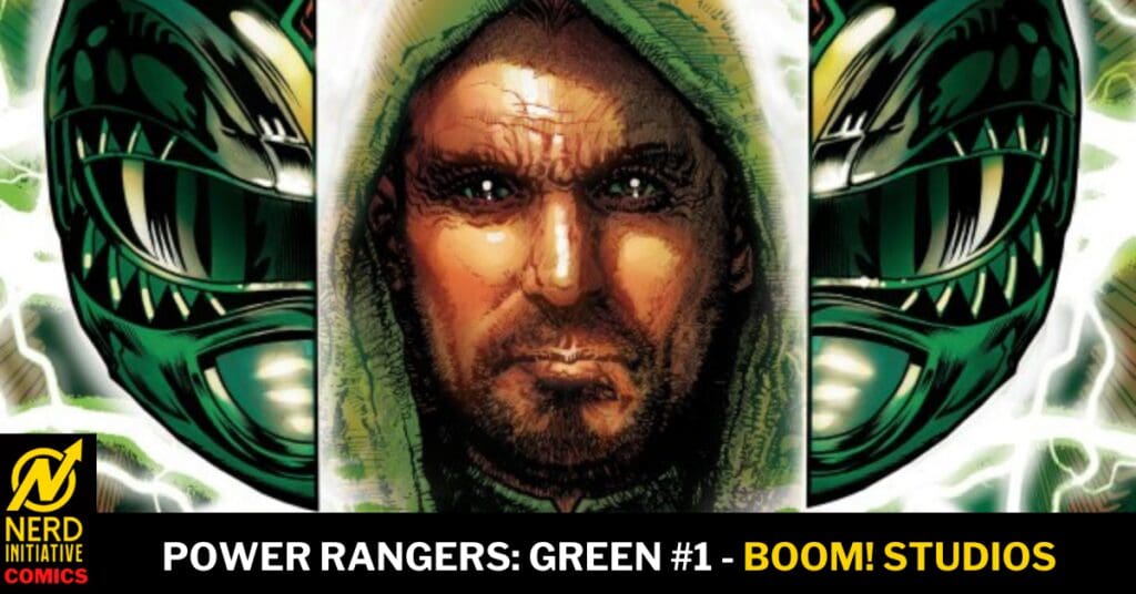 Comic book cover showing a hooded Green Ranger between two snarling green dragon heads; Power Rangers: Green #1 (Boom! Studios).