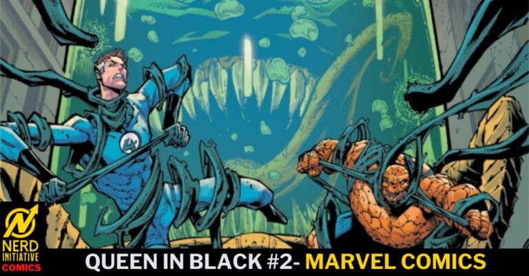 Comic book cover for Queen in Black #2 (Marvel), showing two heroes wrapped in dark tendrils in a cavern, with the Nerd Initiative Comics logo in the corner.