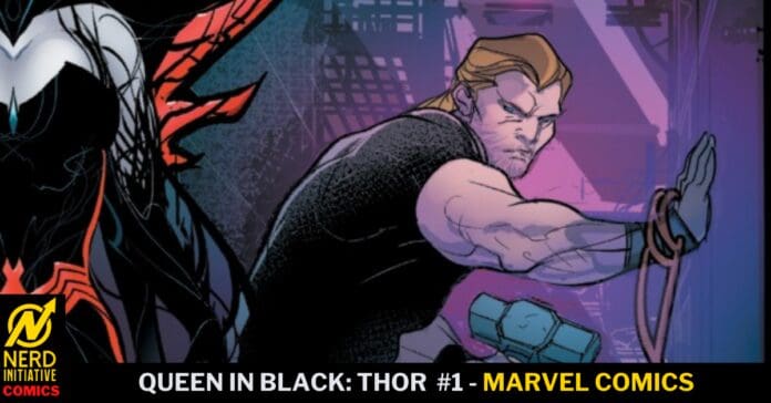 Comic cover: Thor in a black suit with a raised forearm, facing right, beside a dark symbiotic figure, against a purple neon backdrop; bottom text reads 'Queen in Black: Thor #1 — Marvel Comics'.