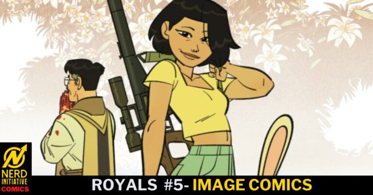 Comic-style image of a woman in a yellow crop top and green skirt in the foreground, with a man carrying a large rifle on his back in the background; Nerd Initiative Comics banner at the bottom.
