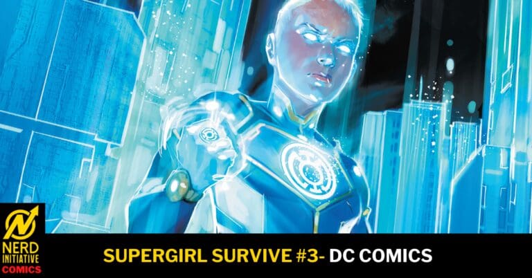 Blue-armored superhero with glowing eyes in a neon cityscape; bottom banner reads 'SUPERGIRL SURVIVE #3 - DC COMICS'.