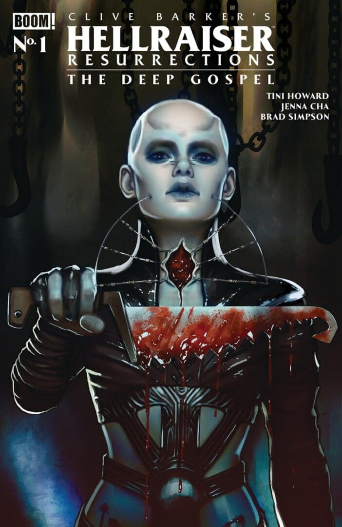 Female Cenobite holding out a bloody saw blade