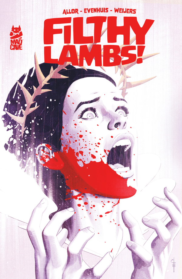 Pale woman with back hair and a crown of thorns. She is screaming and the left side of her face is covered with blood.