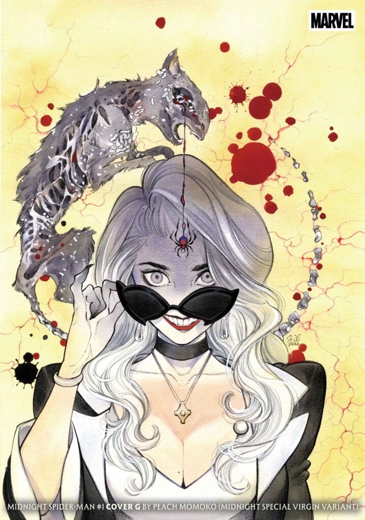 Black Cat lowering sunglasses and grinning menacingly. The rotting carcass of a dead cat over her head