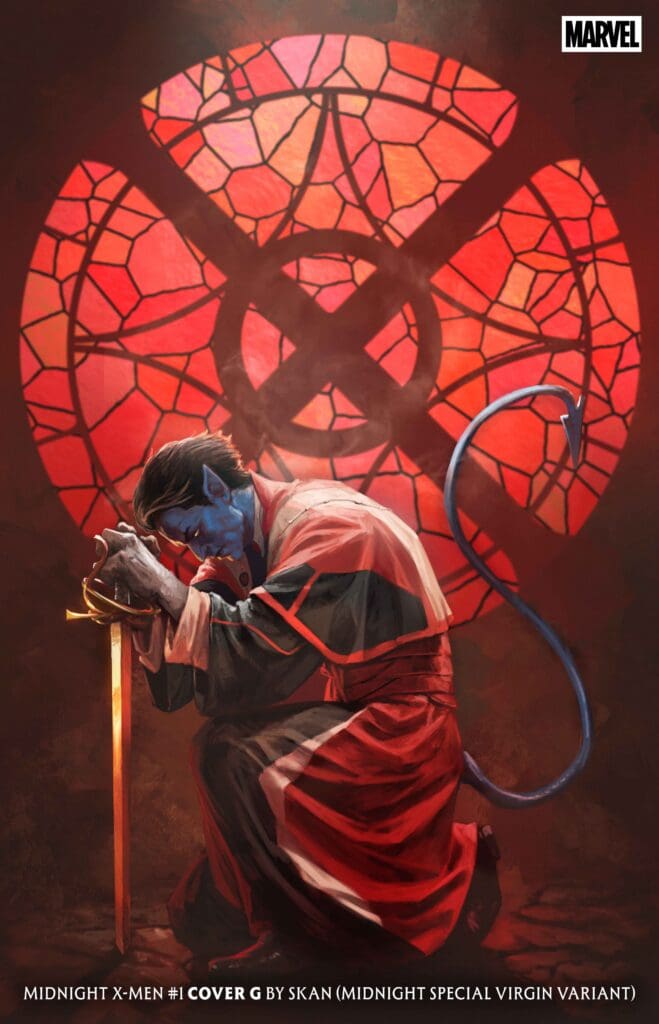 Nightcrawler kneeling over a golden sword. a red stained glass window behind him floods the room with red light. The X logo is in the stained glass design.